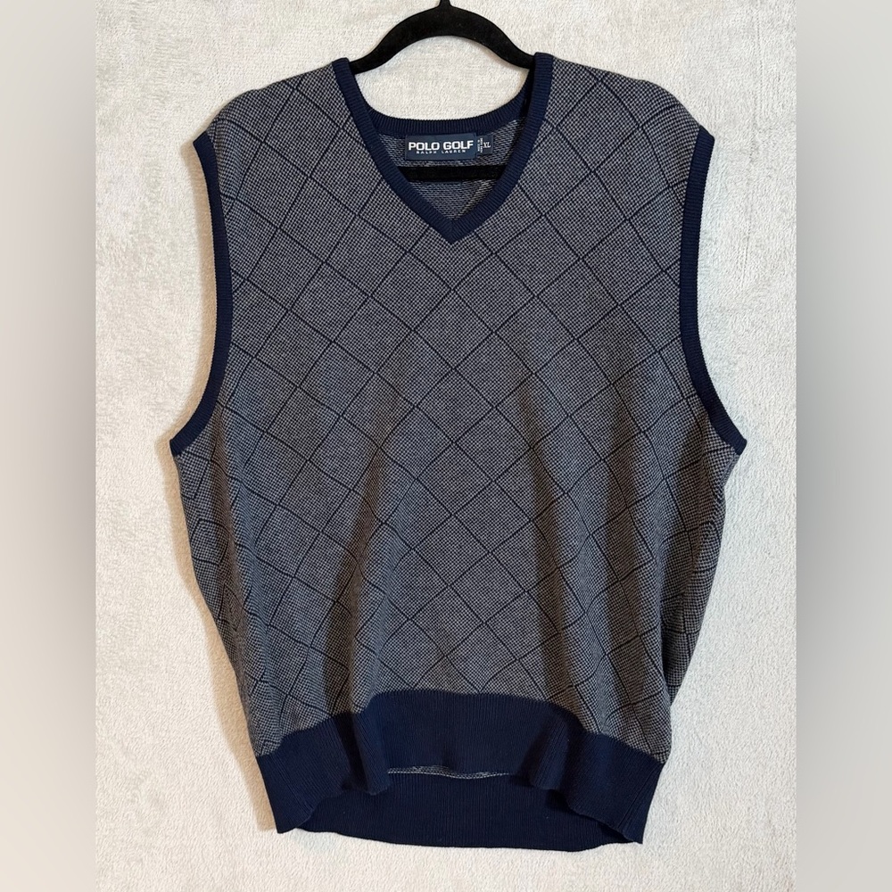 Ralph Lauren Polo Golf Mens Cotton V Neck Sweater Vest XL Gray Argyle